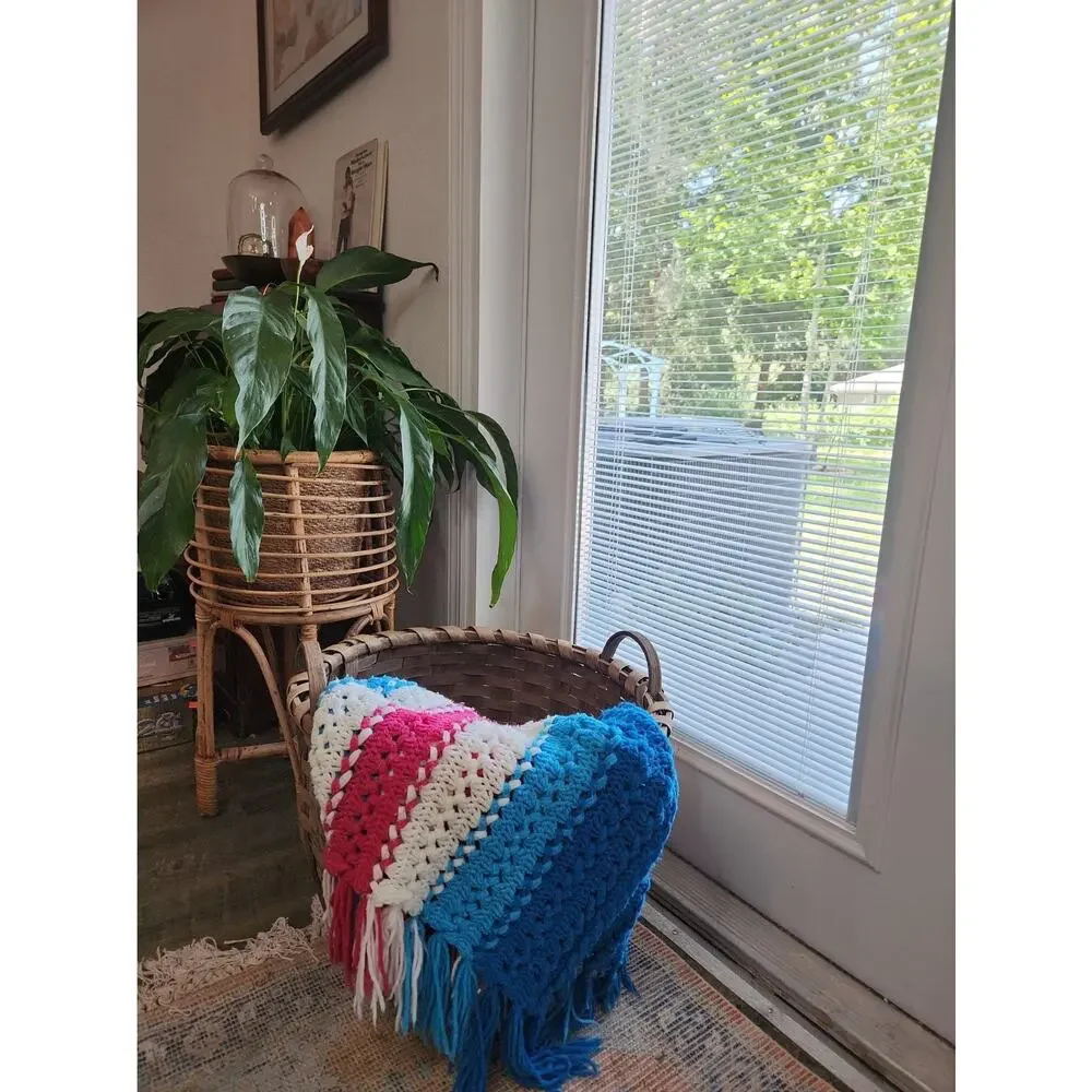 Vintage Handmade Crochet Afghan Blanket Twin Size Blue Red White Fringe